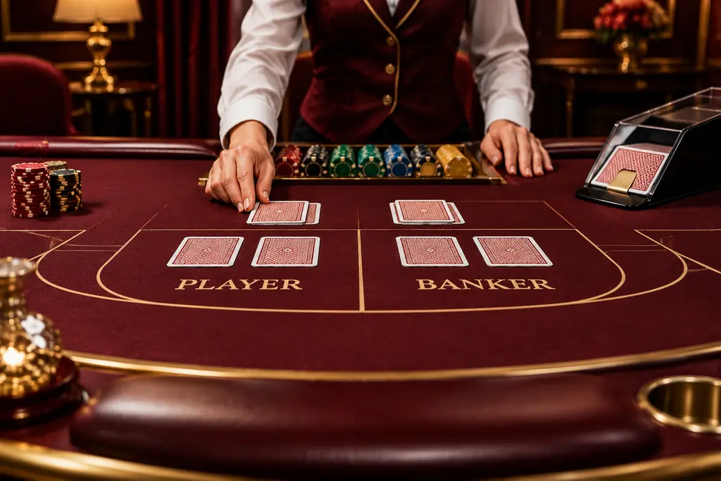 Meja baccarat dengan kartu, shoe, dan chip