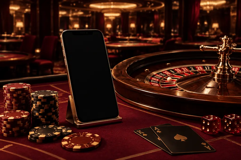 Ponsel di samping roda roulette dan chip kasino