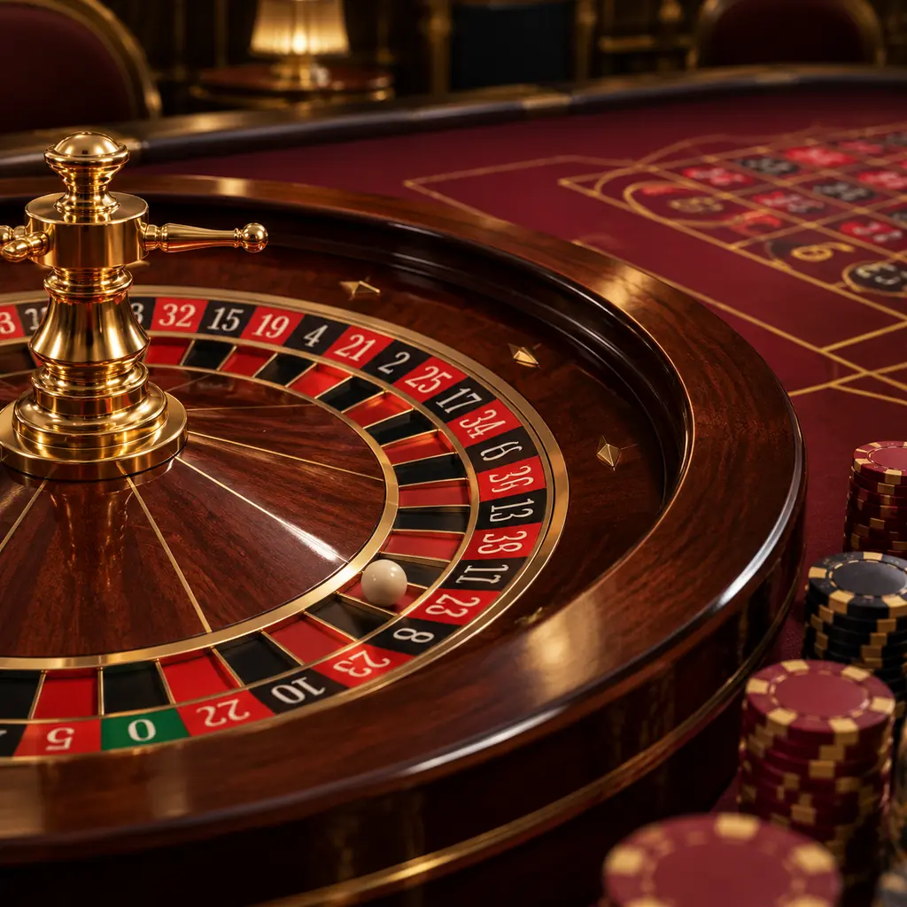 Roda roulette dengan bola dan kain meja merah anggur