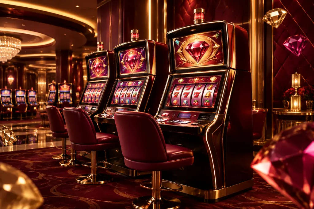 Deretan mesin slot di ruang kasino merah anggur