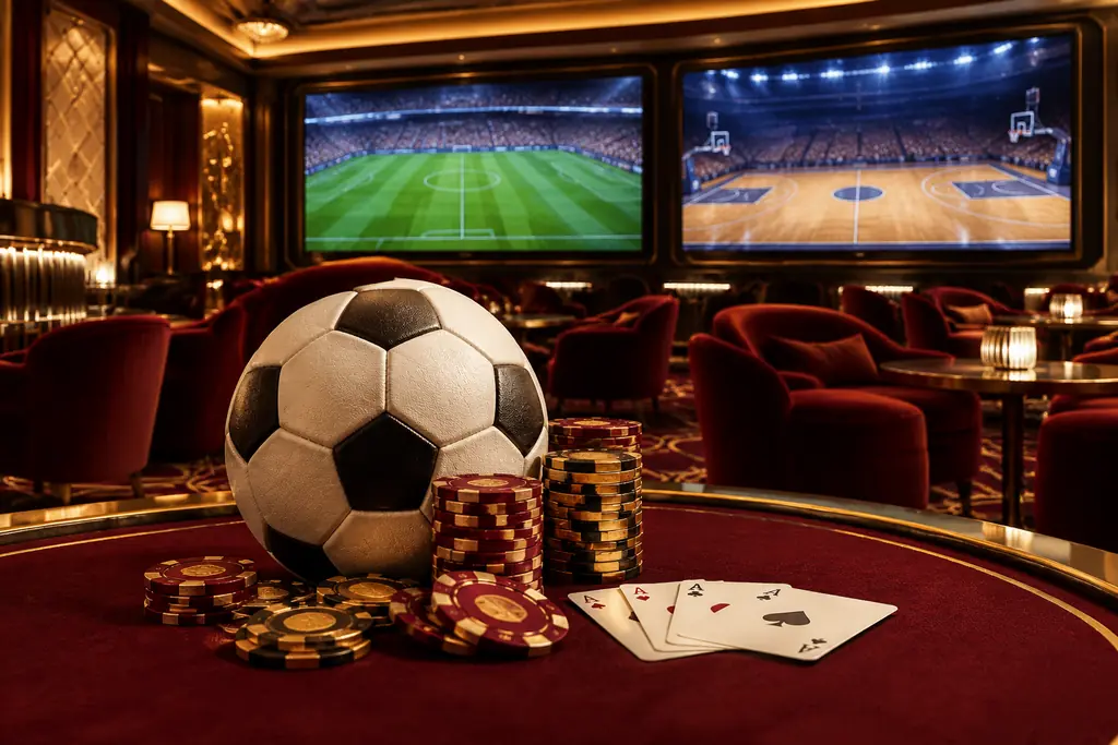 Ruang sportsbook kasino dengan layar lapangan olahraga